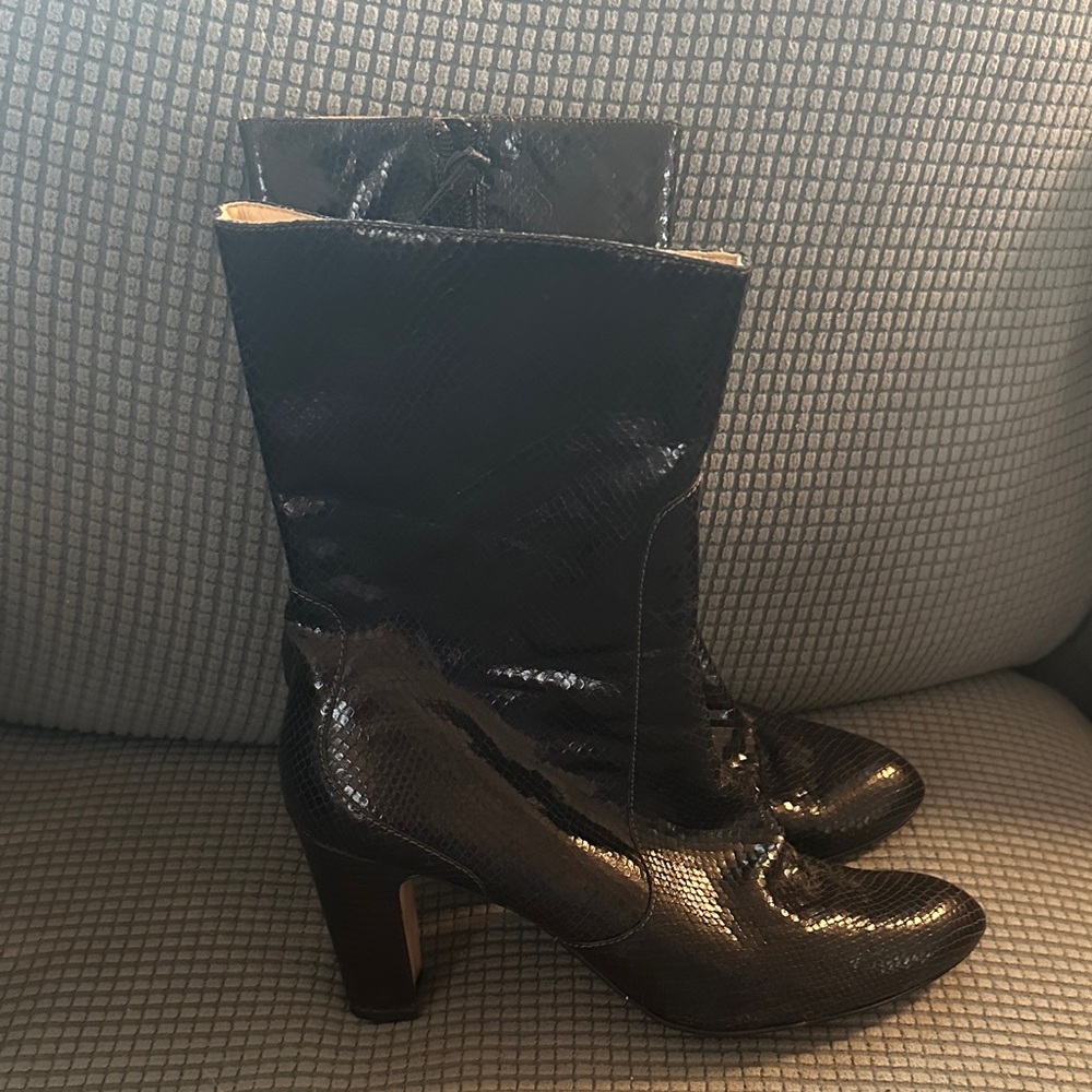 Cole Haan Shiny Black Snakeskin Heeled Boots